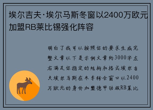 埃尔吉夫·埃尔马斯冬窗以2400万欧元加盟RB莱比锡强化阵容